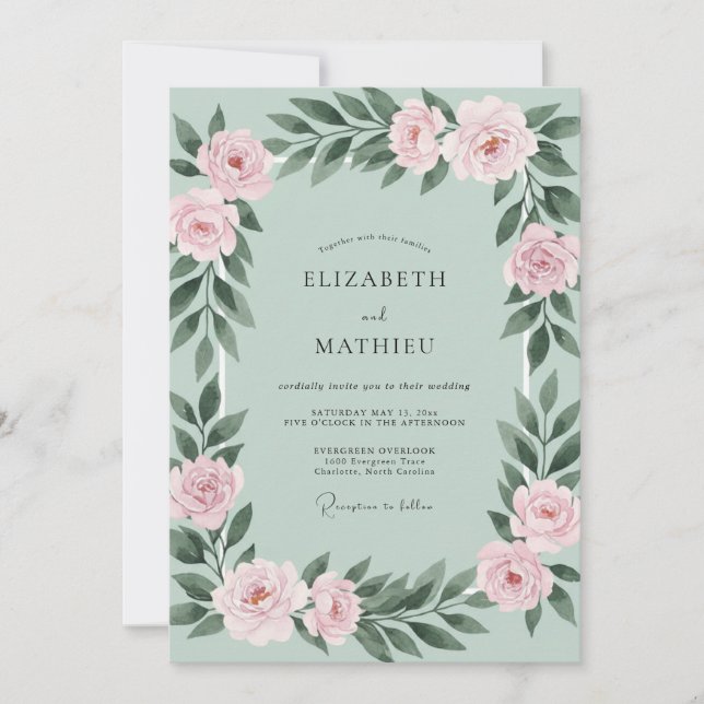 Mint Blush Rose Wedding Invitation (Front)