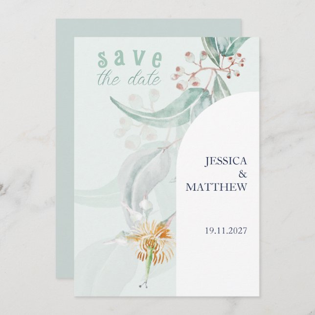 Mint Bohemian Eucalyptus Watercolor Illustration Save The Date (Front/Back)