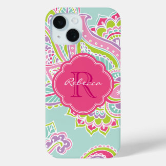 Mint Bohemian Paisley Custom Monogram iPhone 15 Case