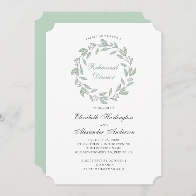 Mint botanical rehearsal dinner. Summer wedding Invitation (Front/Back)