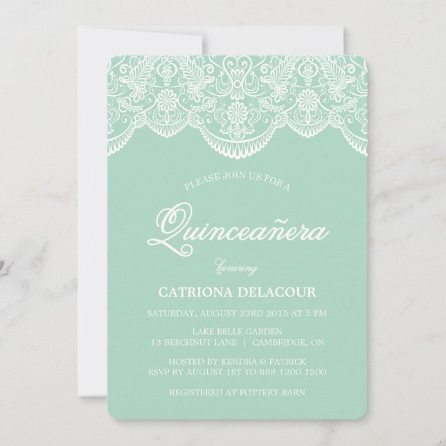 Mint Brocade Lace Quinceañera Invitation (Front)