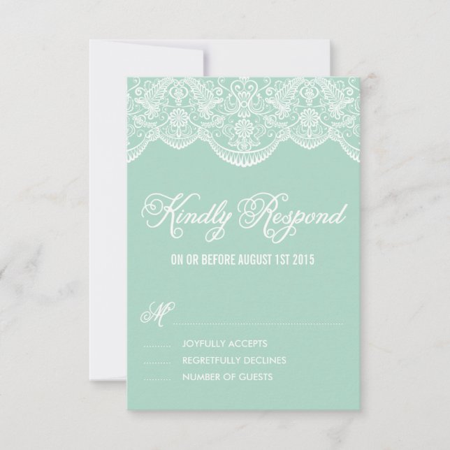 Mint Brocade Lace Wedding RSVP Card (Front)