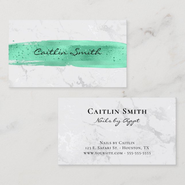 Mint Brush Stroke Silver White Foil Marble Business Card (Front/Back)