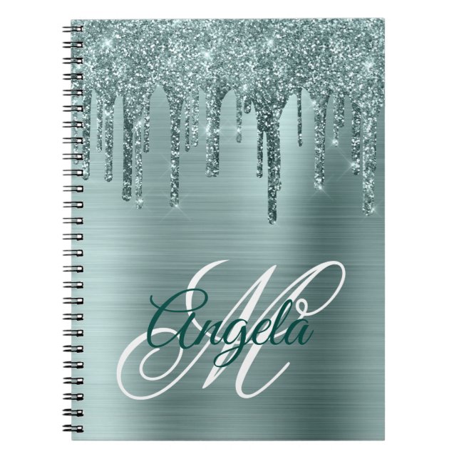 Mint Brushed Foil Glitter Drip Fancy Monogram Notebook (Front)