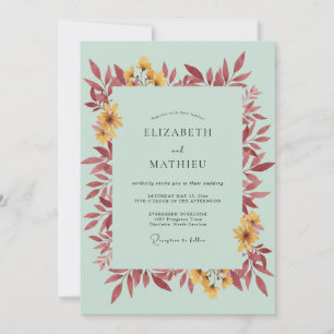 Mint Burgundy Leafy Wedding Invitation