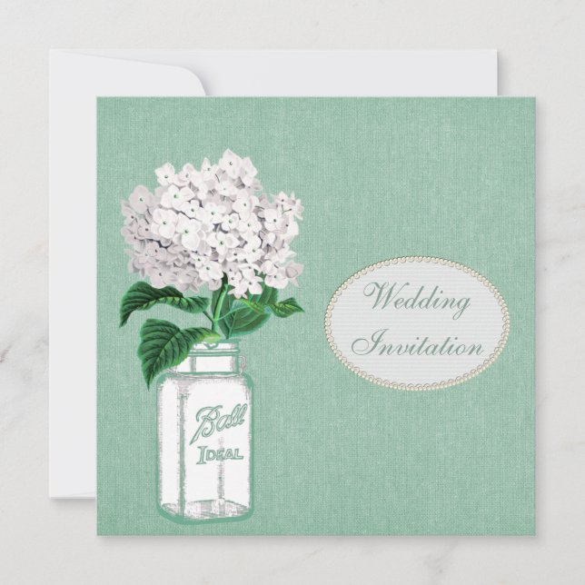 Mint Burlap, Mason Jar & Hydrangea Wedding Invitation (Front)