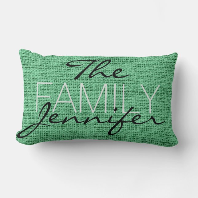 Mint Burlap Rustic Linen Monogram Lumbar Cushion (Front)