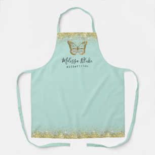mint butterfly on faux gold sparkle apron