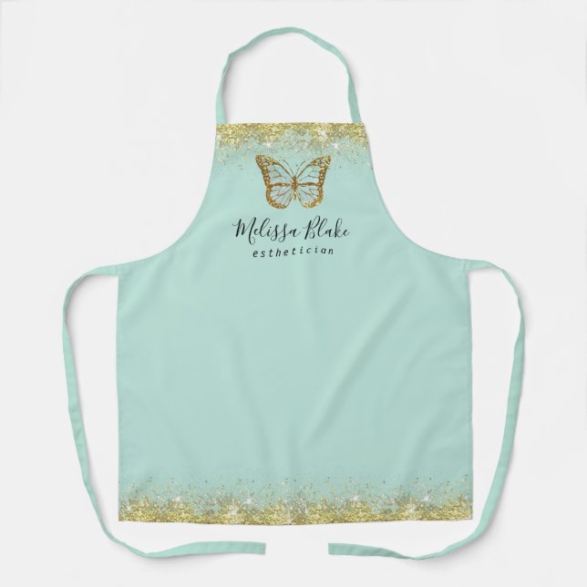 mint butterfly on faux gold sparkle   apron (Front)