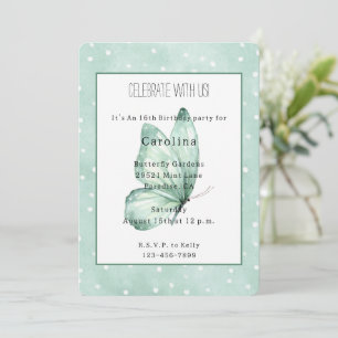 Mint Butterfly White Dots Birthday Invitation