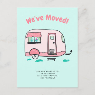 Mint camper van illustration moving announcement postcard