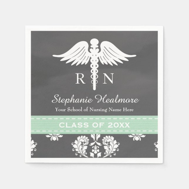 Mint Chalkboard Caduceus Nursing School Graduation Napkin (Front)