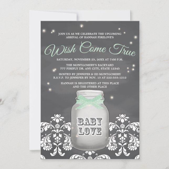 Mint Chalkboard Firefly Mason Jar Baby Shower Invitation (Front)