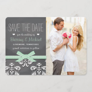 Mint Chalkboard Lace and Bow Save the Date Card