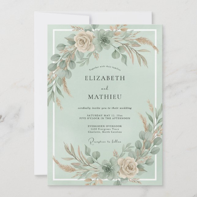 Mint Champagne Pampas Eucalyptus Wedding Invitation (Front)