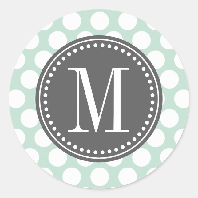 Mint & Charcoal | Big Polka Dots Monogrammed Classic Round Sticker (Front)