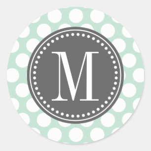 Mint & Charcoal   Big Polka Dots Monogrammed Classic Round Sticker