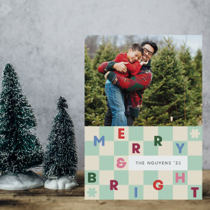 Mint Checkerboard Merry & Bright Christmas Card