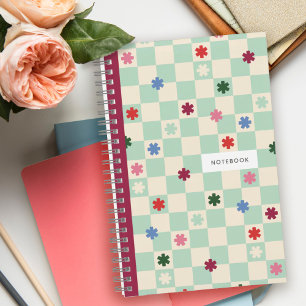 Mint Checkerboard Stars Flowers Pattern Notebook
