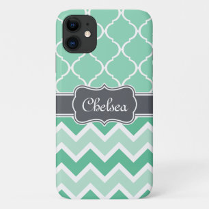 Mint Chevron and Lattice Pattern Grey Name Case-Mate iPhone Case