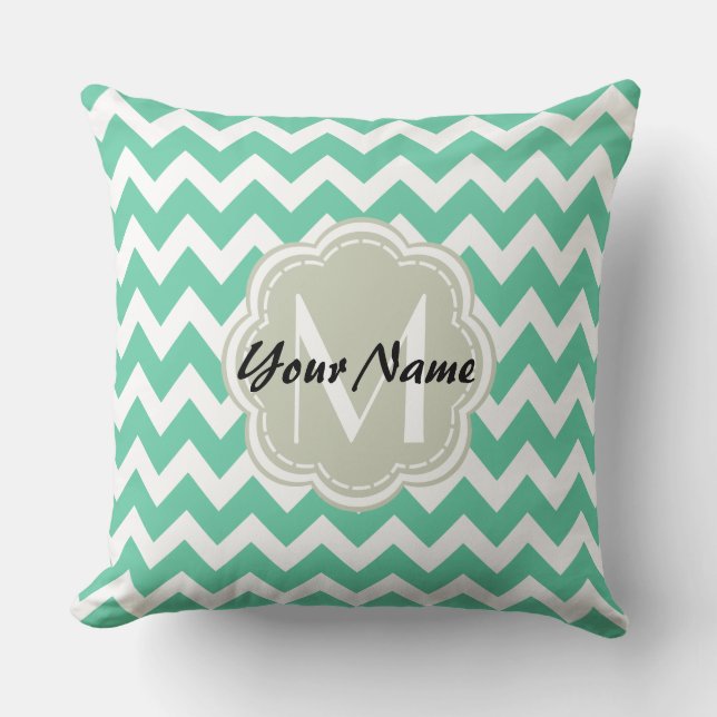 Mint Chevron Custom Monogram, Personalised Name Cushion (Front)
