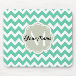 Mint Chevron Custom Monogram, Personalised Name Mouse Pad
