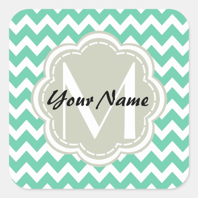 Mint Chevron Custom Monogram, Personalised Name Square Sticker (Front)