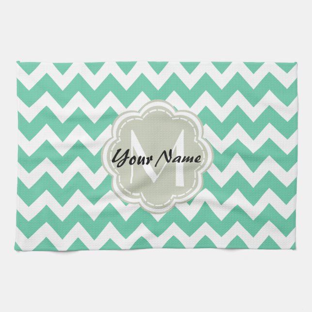 Mint Chevron Custom Monogram, Personalised Name Tea Towel (Horizontal)