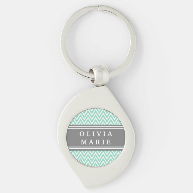 Mint Chevron Grey Name Template Key Ring (Front)