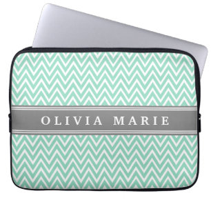 Mint Chevron Grey Name Template Laptop Sleeve