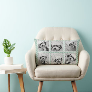 Mint Chevron Pattern with Trendy 6 Photo Collage Lumbar Cushion