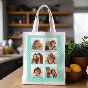 Mint Chevron Pattern with Trendy 6 Photo Collage Reusable Grocery Bag