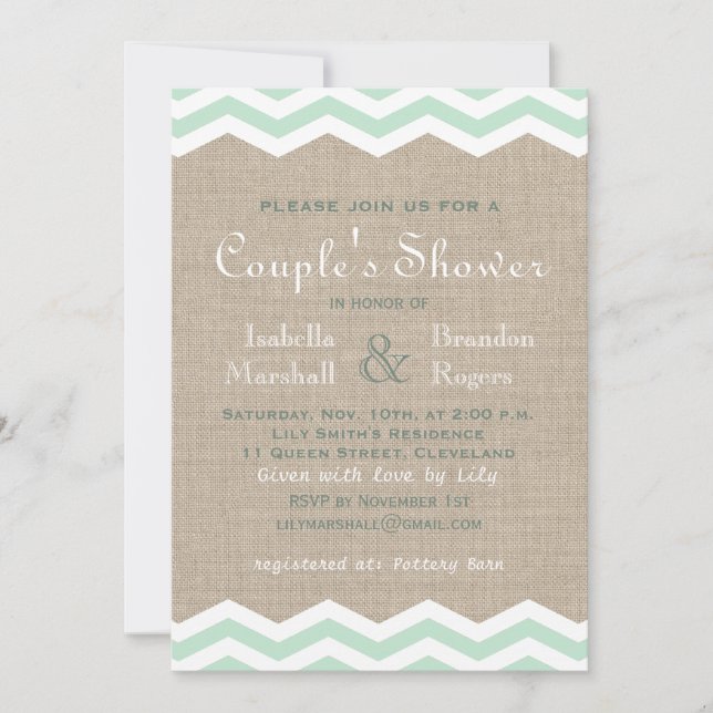 Mint Chevrons on Burlap Couple's Shower Invite (Front)