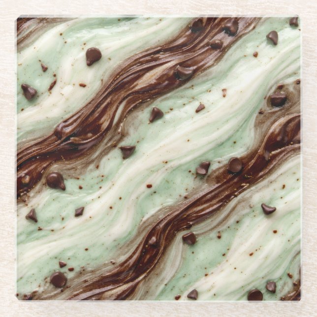 Mint Chocolate Chip Milkshake Marble Design Glass Coaster (Front)