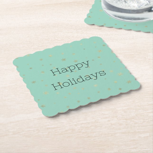 Mint Christmas Gold Snowflakes Paper Coaster (Angled)