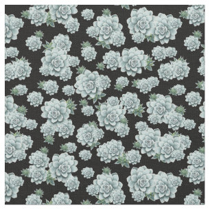 Mint Colour Succulents Repeat Pattern on Black Fabric