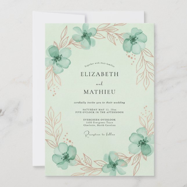 Mint Copper Blossom Wedding Invitation (Front)