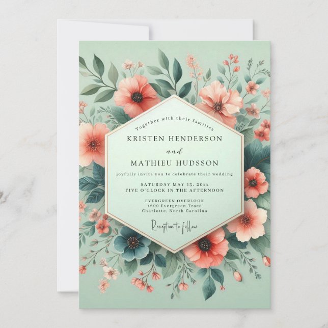 Mint Coral Aquarelle Bloom Wedding Invitation (Front)