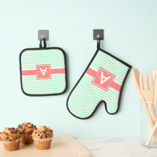 Mint Coral Chevron Oven Mitt & Pot Holder Set