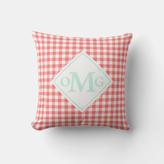 Mint Coral Gingham Pattern Outdoor Pillow Monogram (Front)