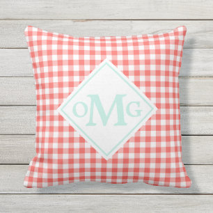 Mint Coral Gingham Pattern Outdoor Pillow Monogram