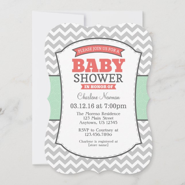 Mint Coral Grey Chevron Baby Shower Invitation (Front)