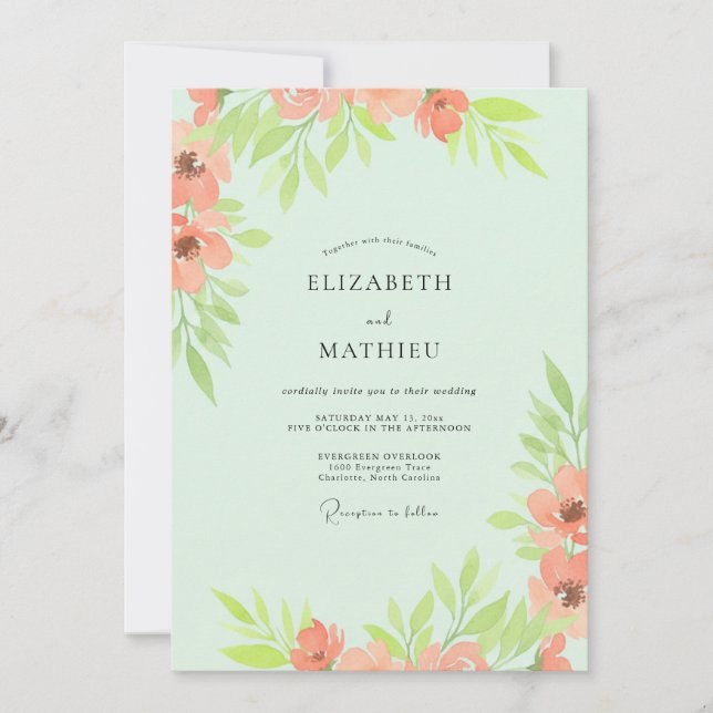 Mint Coral Leaf Wedding Invitation (Front)