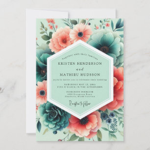 Mint Coral Lush Floral Wedding Invitation