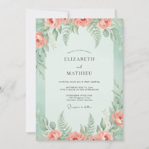 Mint Coral Peony Wedding Invitation