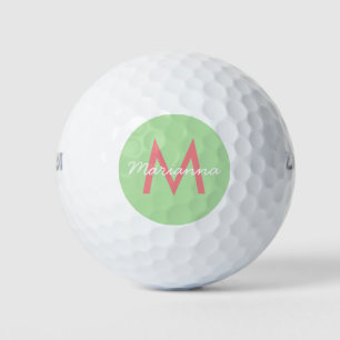 Mint & Coral Pink Name and Modern Monogram Golf Balls