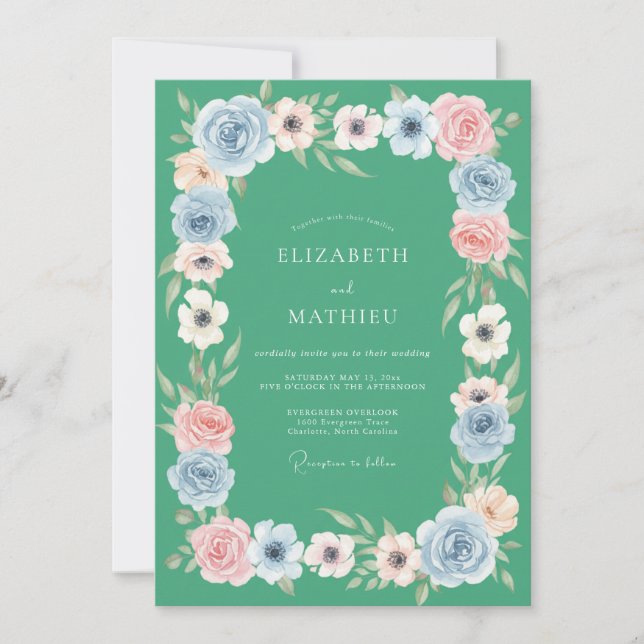 Mint Coral Ranunculus Eucalyptus Wedding Invitation (Front)