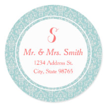 Mint Coral Round Damask Address Label Sticker