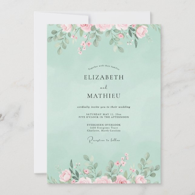 Mint Coral Wildflower Wedding Invitation (Front)
