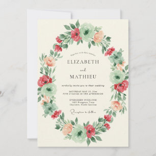 Mint Coral Wreath Wedding Invitation